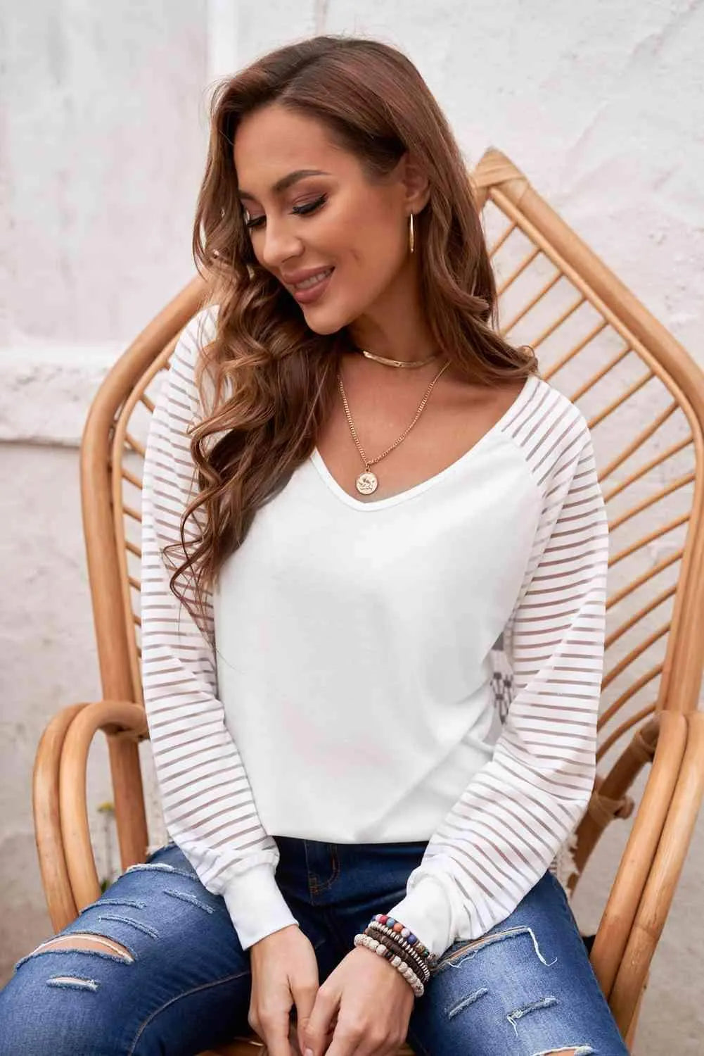 Sheer Striped V-Neck Top White Blouses - Tophatter Daily Deals