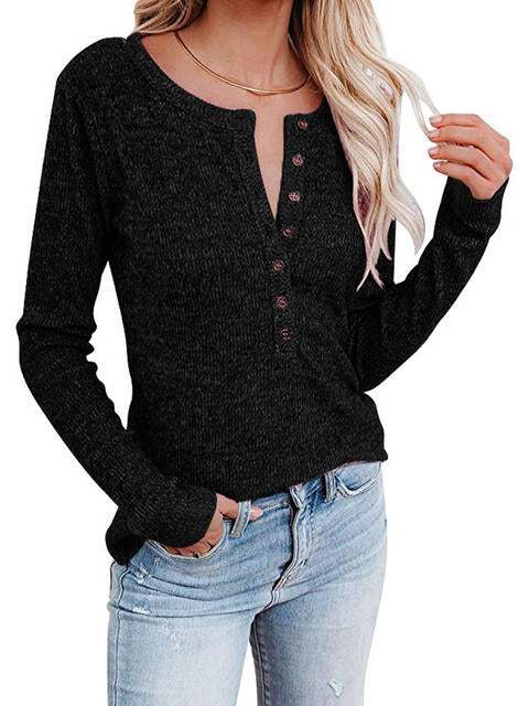 Round Neck Buttoned Long Sleeve T-Shirt Black Women's T-Shirts - Tophatter Daily Deals