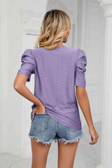 Eyelet Puff Sleeve Round Neck Blouse Blouses - Tophatter Daily Deals