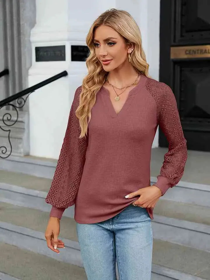 Notched Neck Raglan Sleeve Blouse Blouses - Tophatter Daily Deals