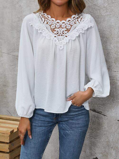 Lace Detail Balloon Sleeve Blouse White Blouses - Tophatter Daily Deals