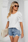 Eyelet Puff Sleeve Round Neck Blouse White Blouses - Tophatter Daily Deals