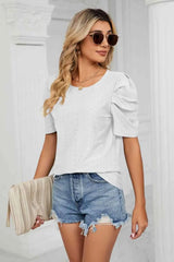 Eyelet Puff Sleeve Round Neck Blouse White Blouses - Tophatter Daily Deals