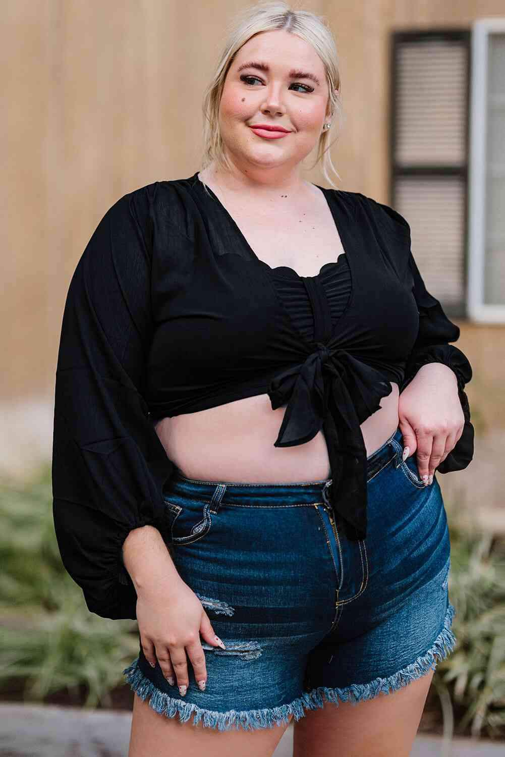 Plus Size Tie Front Crop Top Blouses - Tophatter Daily Deals