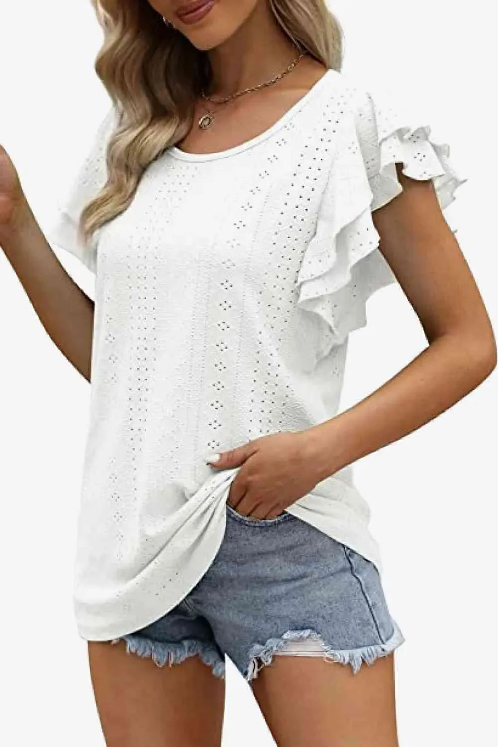 Round Neck Layered Flutter Sleeve Blouse Blouses - Tophatter Daily Deals