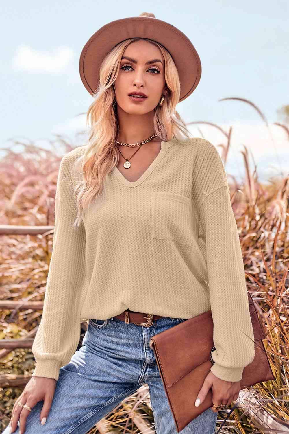 V-Neck Dropped Shoulder Waffle-Knit Blouse Blouses - Tophatter Daily Deals