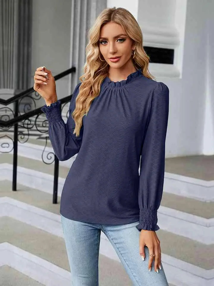 Round Neck Flounce Sleeve Blouse Blouses - Tophatter Daily Deals
