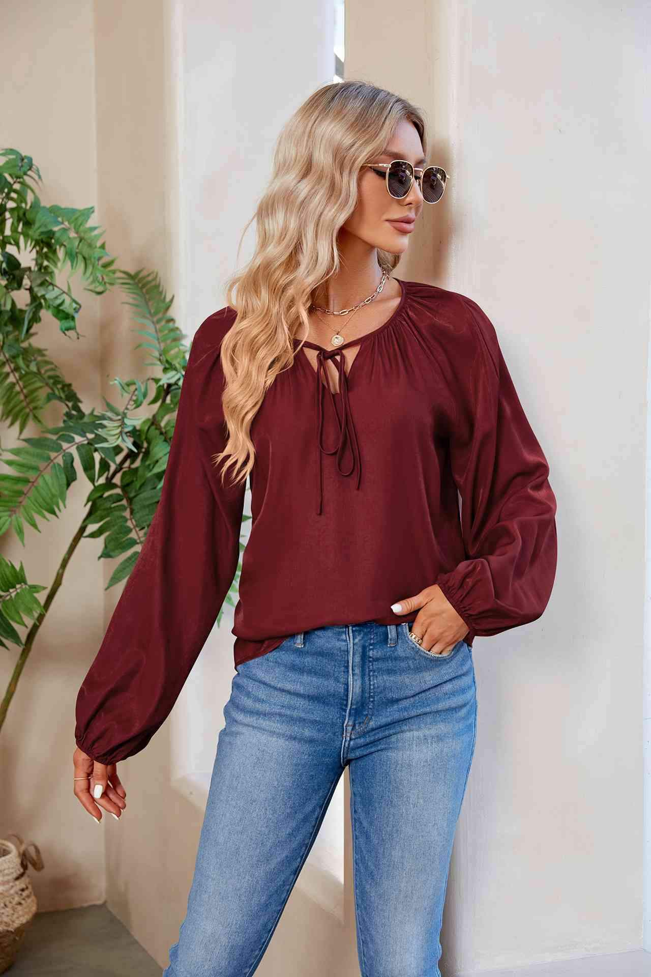 Tie Neck Balloon Sleeve Blouse Blouses - Tophatter Daily Deals