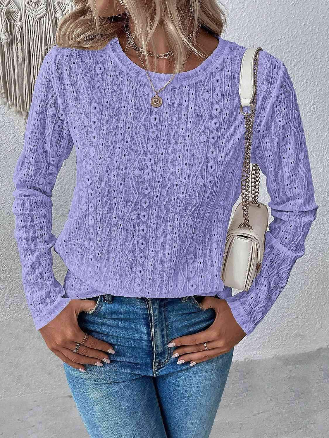 Eyelet Round Neck Long Sleeve Top Lavender Women's T-Shirts - Tophatter Daily Deals