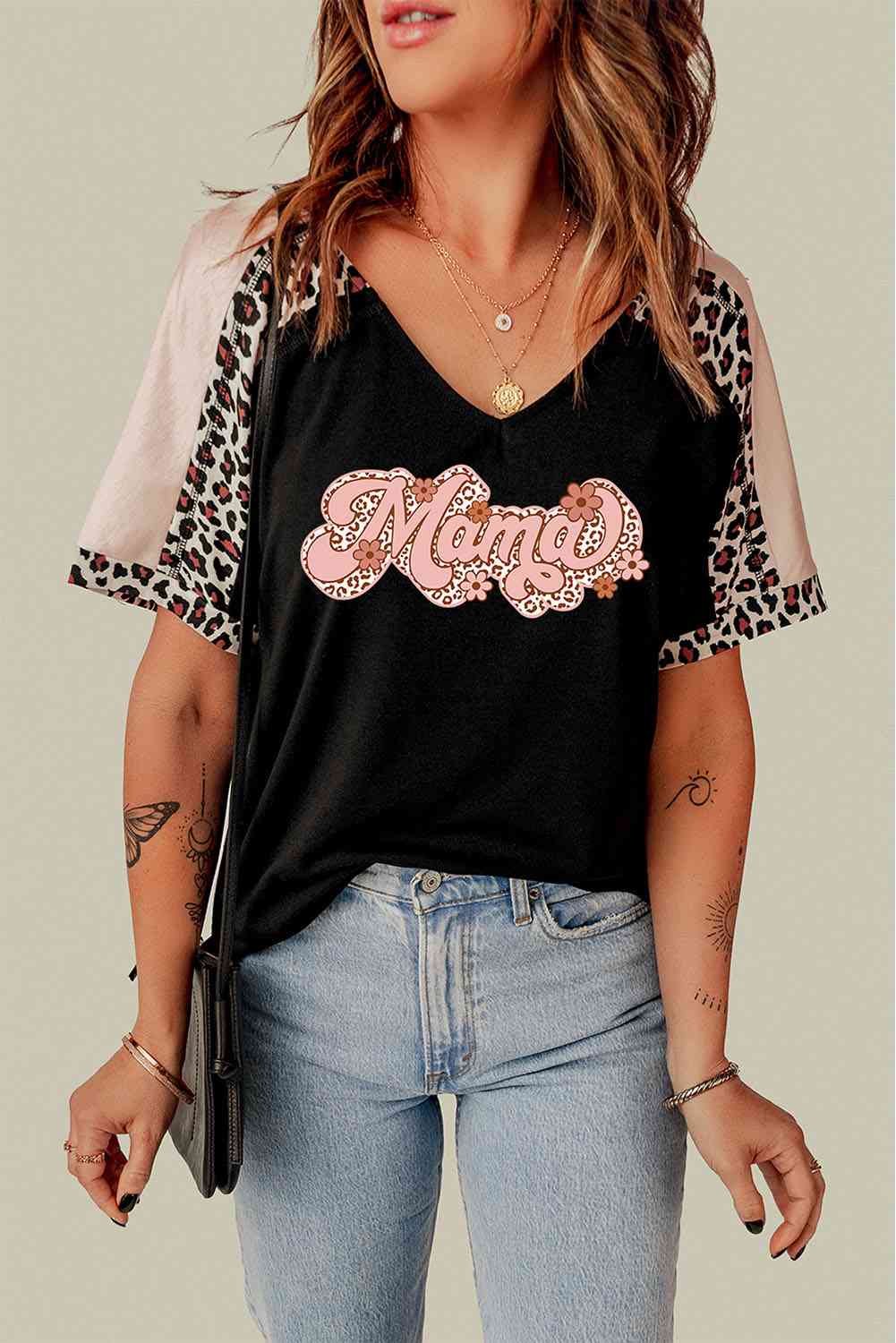 MAMA Graphic Leopard V-Neck Tee Shirt Black Women's T-Shirts - Tophatter Daily Deals