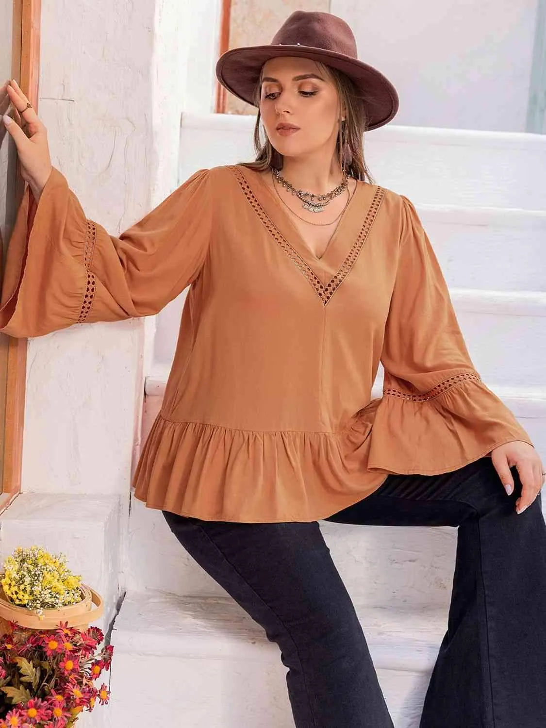 Plus Size V-Neck Peplum Blouse Blouses - Tophatter Daily Deals