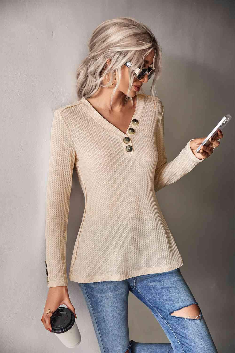 Waffle-Knit Button Detail V-Neck Top Blouses - Tophatter Daily Deals