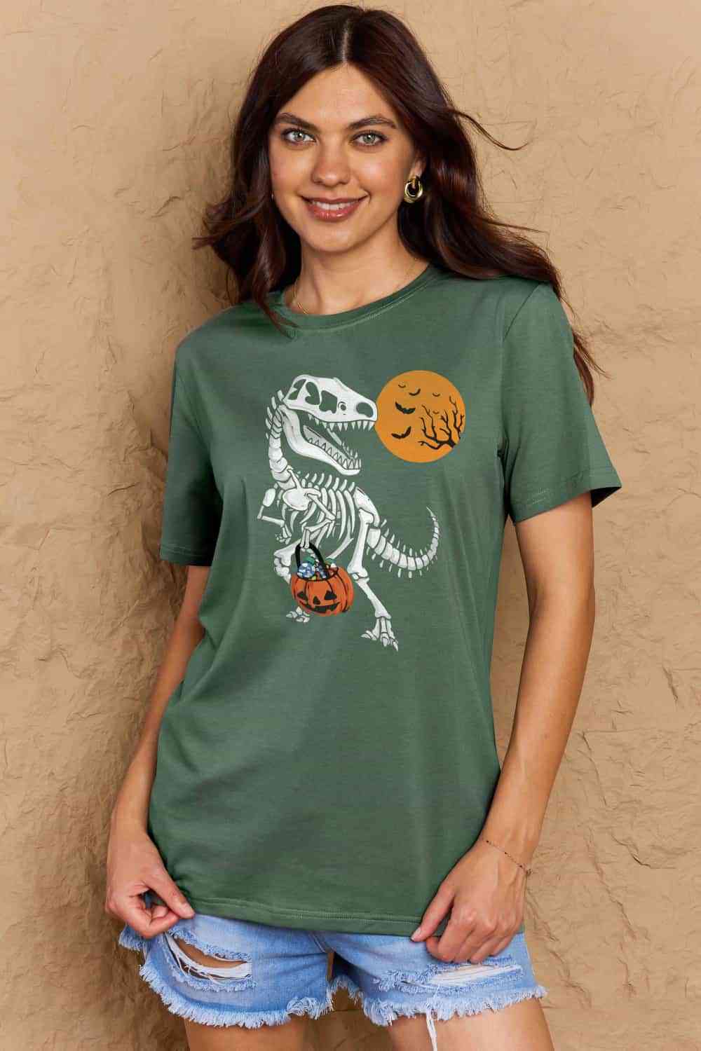 Simply Love Full Size Dinosaur Skeleton Graphic Cotton T-Shirt Green Women's T-Shirts - Tophatter Daily Deals