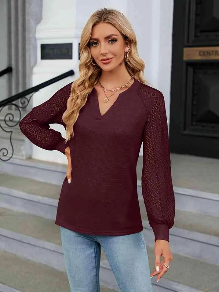 Notched Neck Raglan Sleeve Blouse Blouses - Tophatter Daily Deals