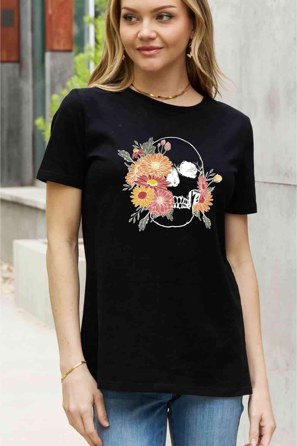 Simply Love Full Size Flower Skull Graphic Cotton Tee Women's T-Shirts - Tophatter Daily Deals