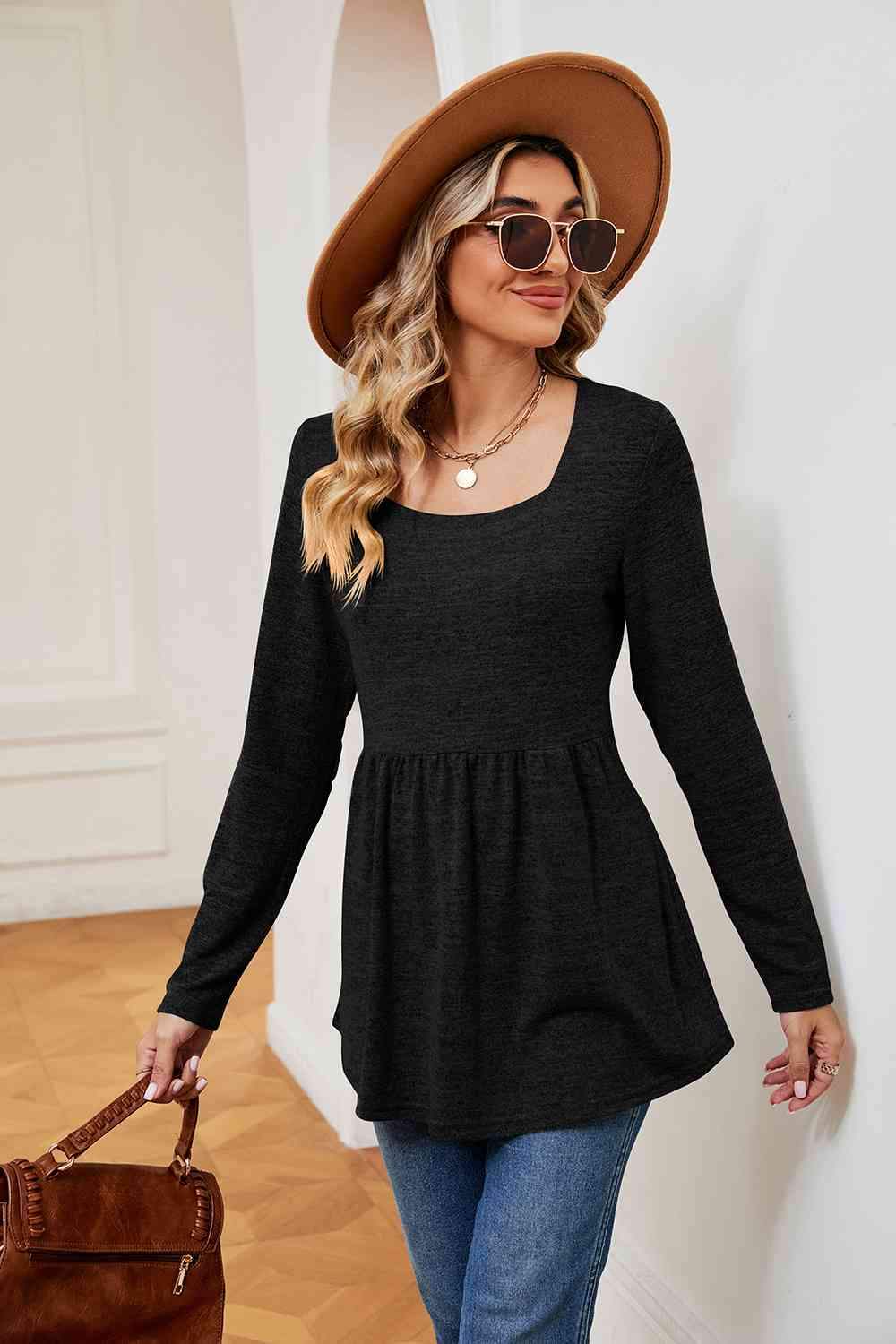 Square Neck Long Sleeve Peplum Top Women's T-Shirts - Tophatter Daily Deals