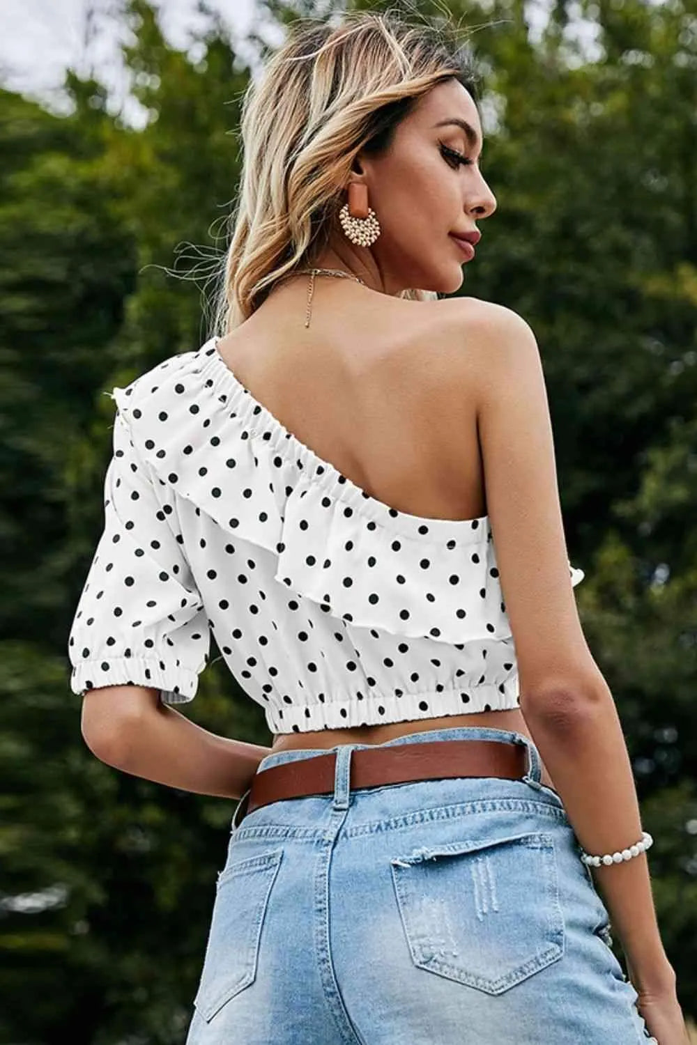 Polka Dot One-Shoulder Ruffled Crop Top Blouses - Tophatter Daily Deals