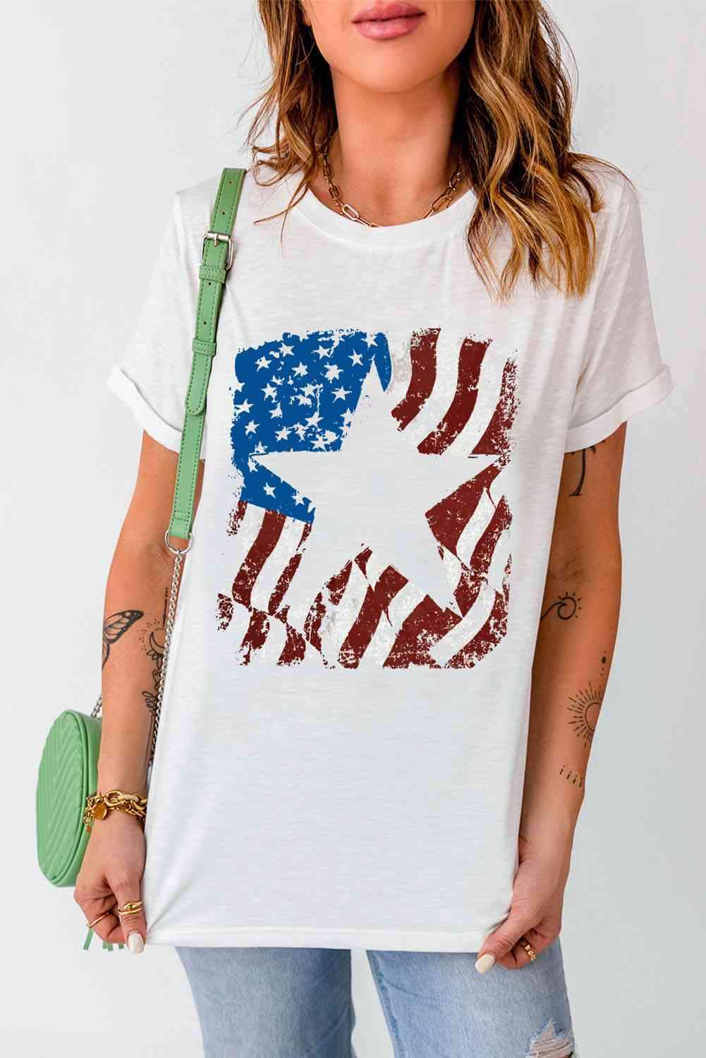 US Flag Graphic Round Neck Tee Women's T-Shirts - Tophatter Daily Deals