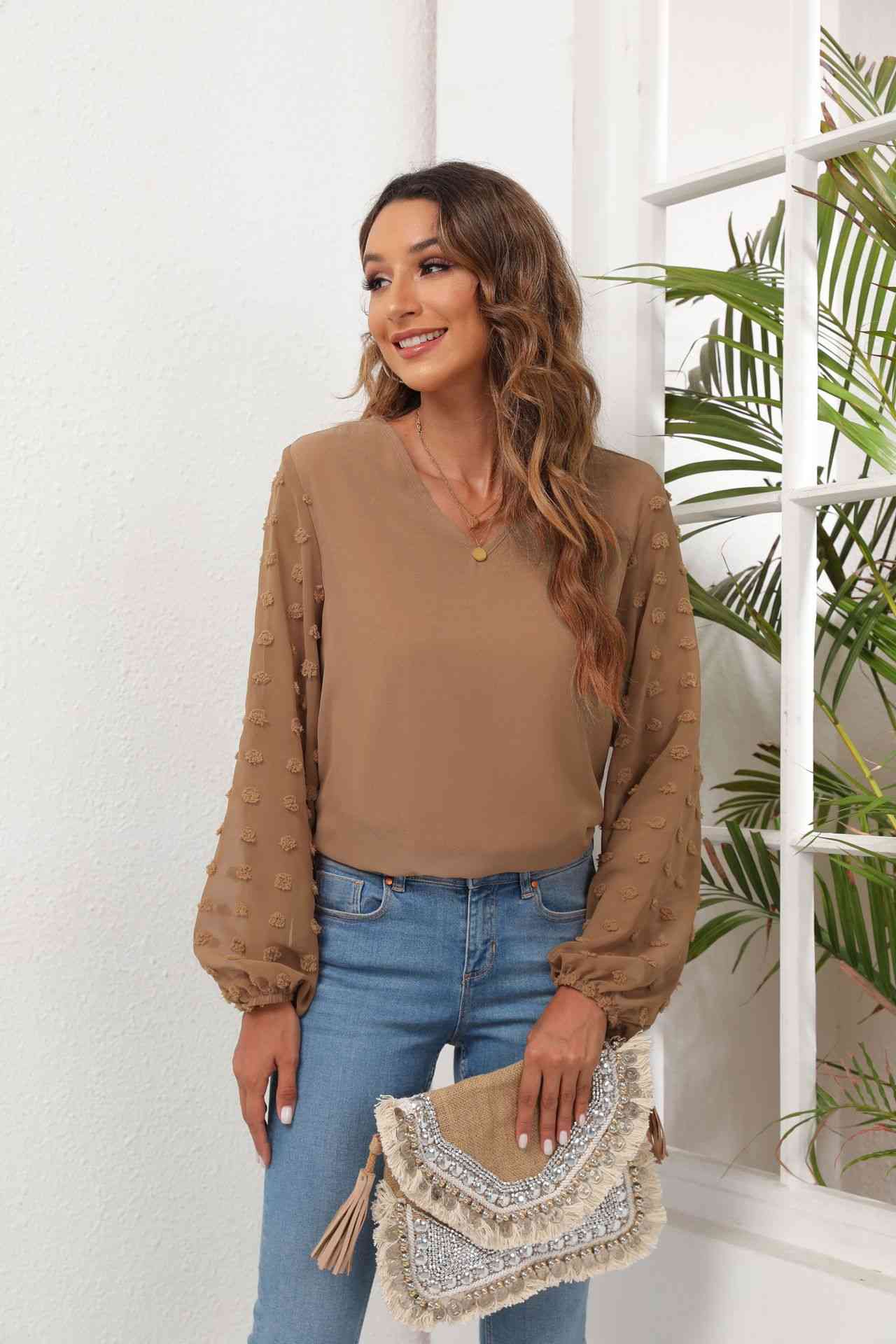 Swiss Dot Balloon Sleeve Blouse Camel Women's T-Shirts - Tophatter Daily Deals