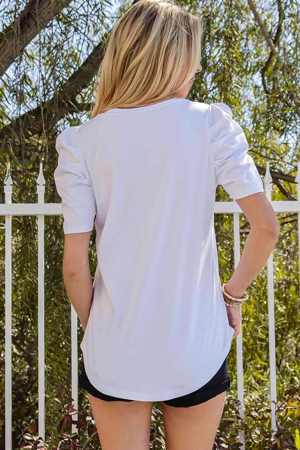 Puff Sleeve V-Neck Tee Blouses - Tophatter Daily Deals