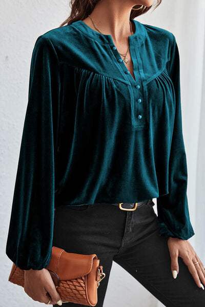 Ruched Decorative Button Notched Blouse Blouses - Tophatter Daily Deals