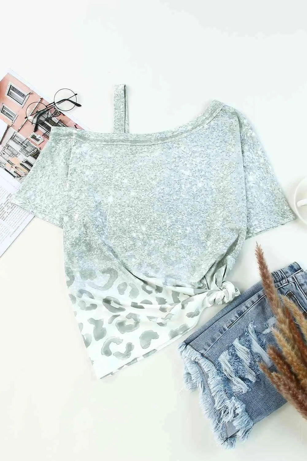 Leopard Asymmetrical Neck Cold-Shoulder Blouse Blouses - Tophatter Daily Deals