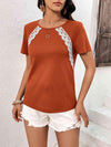 Lace Trim Contrast Waffle-Knit Top Red Orange Blouses - Tophatter Daily Deals