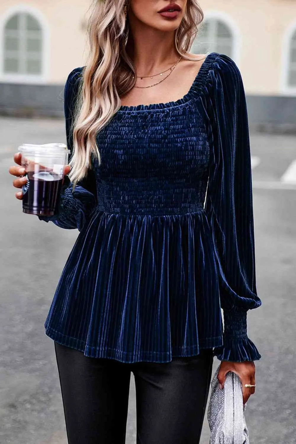 Smocked Square Neck Long Sleeve Blouse Navy Blouses - Tophatter Daily Deals