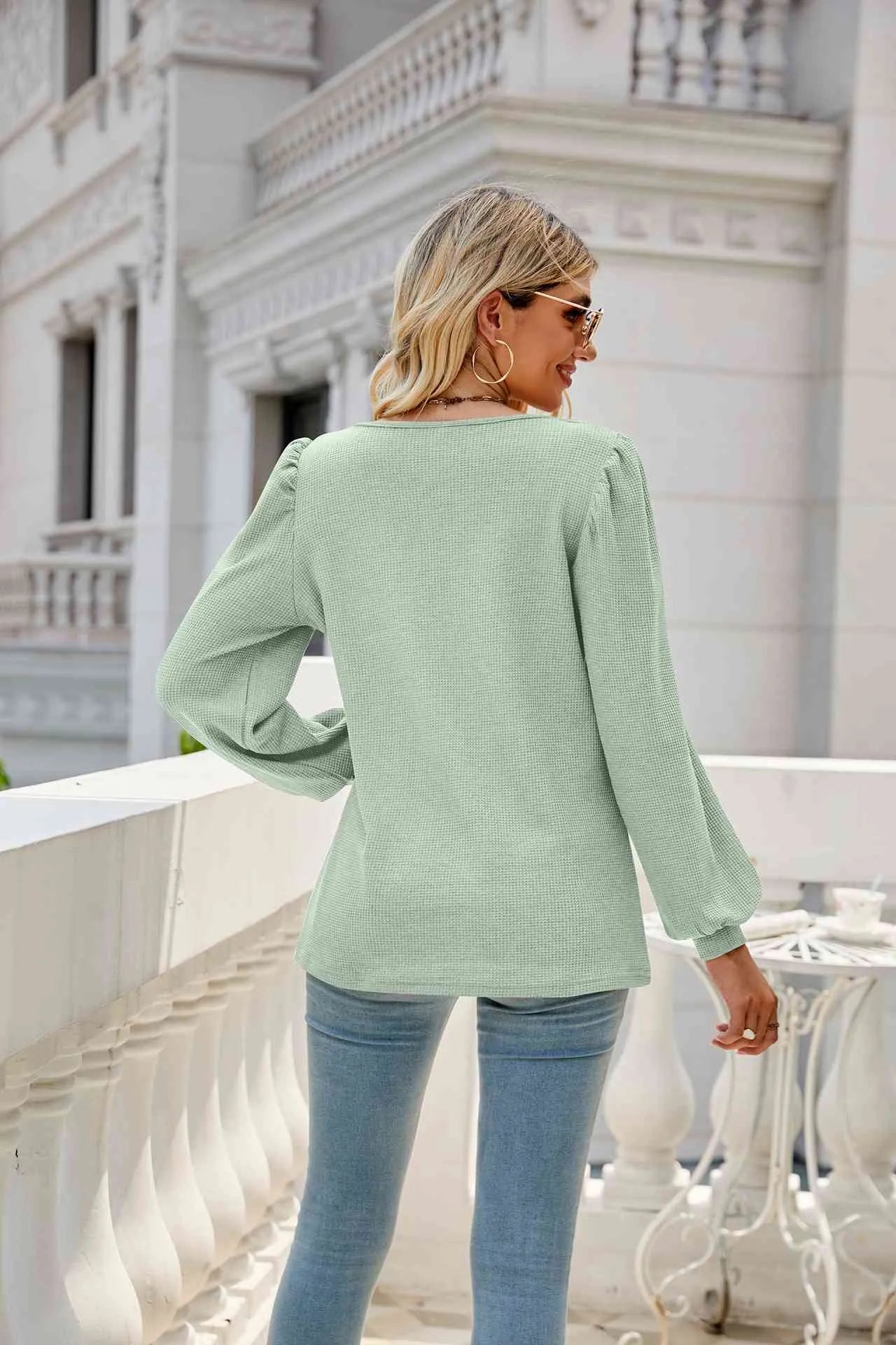 Waffle-Knit Puff Sleeve Square Neck Top Blouses - Tophatter Daily Deals