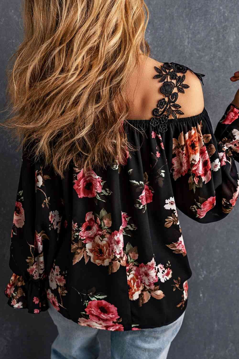 Floral Lace Cold-Shoulder Flounce Sleeve Blouse - Tophatter Deals