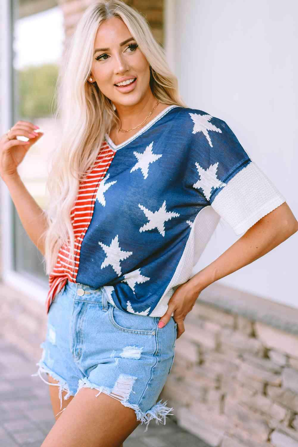 Star and Stripe V-Neck Top Blouses - Tophatter Daily Deals