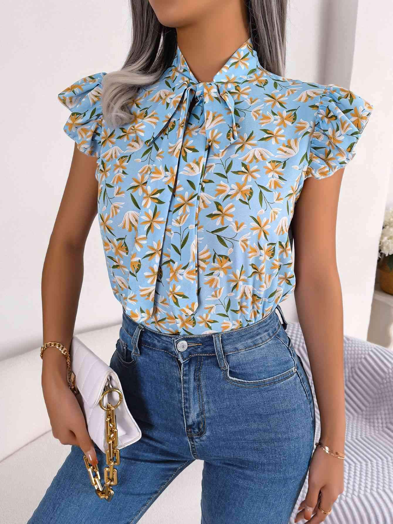 Floral Tie Neck Flutter Sleeve Blouse Misty Blue Blouses - Tophatter Daily Deals