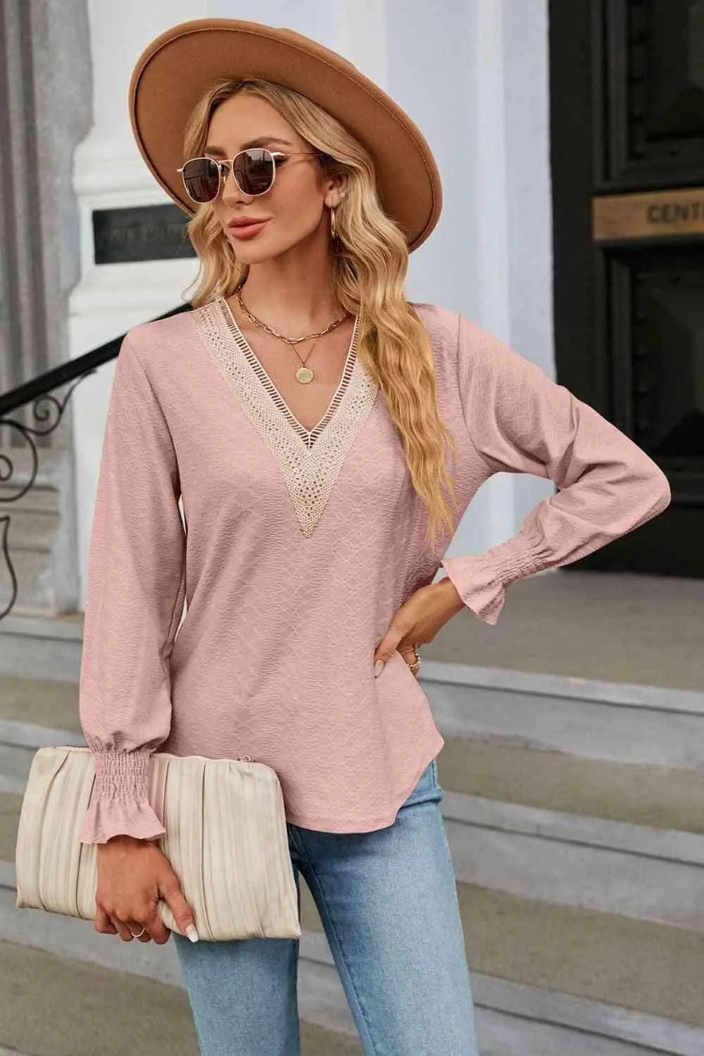 V-Neck Flounce Sleeve Blouse Blouses - Tophatter Daily Deals