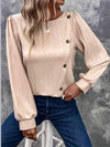 Buttoned Ribbed Puff Sleeve Top Blouses - Tophatter Daily Deals