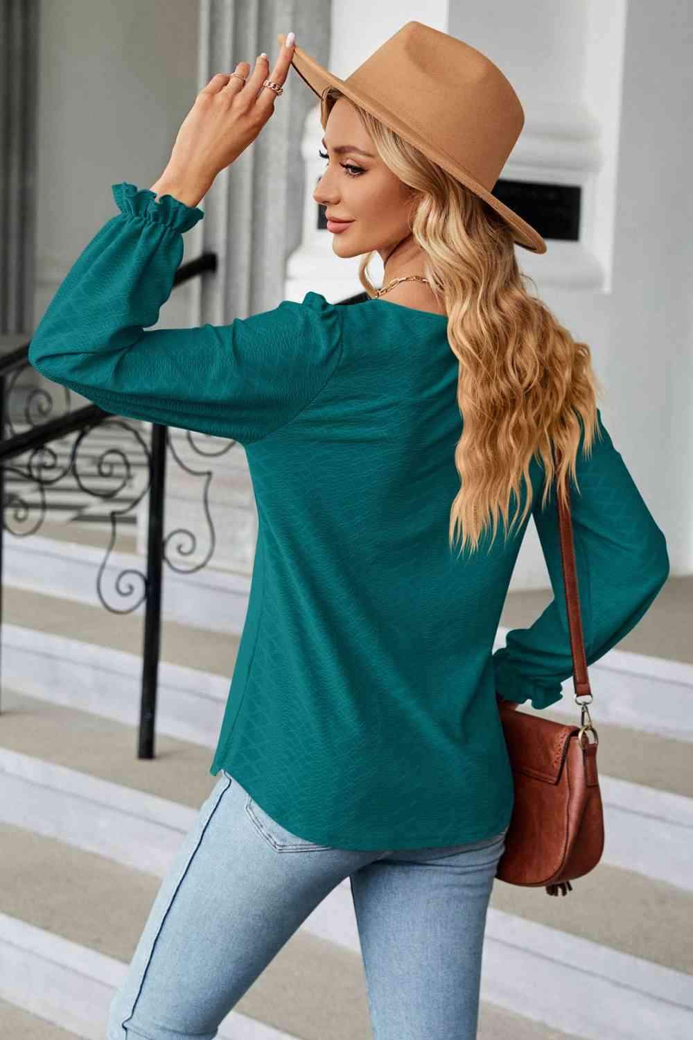 Round Neck Flounce Sleeve Blouse Blouses - Tophatter Daily Deals