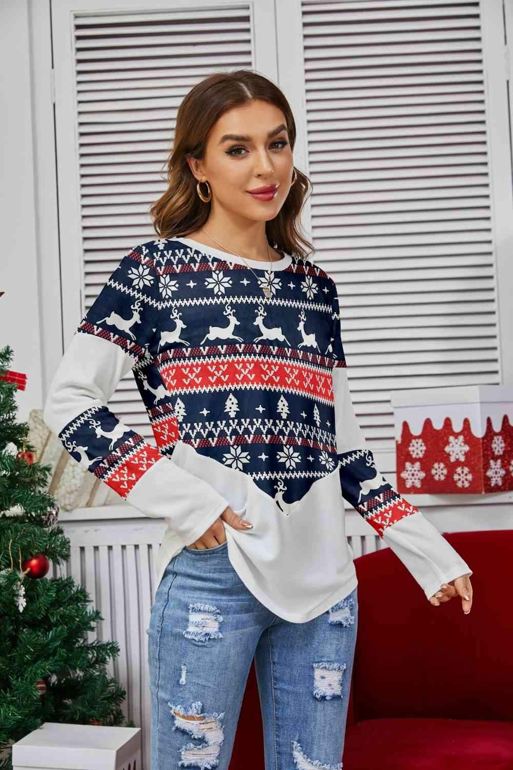 Geometric Round Neck Long Sleeve T-Shirt Women's T-Shirts - Tophatter Daily Deals