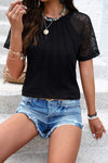 Lace Detail Round Neck Short Sleeve T-Shirt Women's T-Shirts - Tophatter Daily Deals