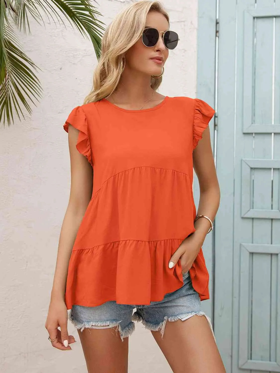 Round Neck Flutter Sleeve Tiered Blouse Red Orange Blouses - Tophatter Daily Deals