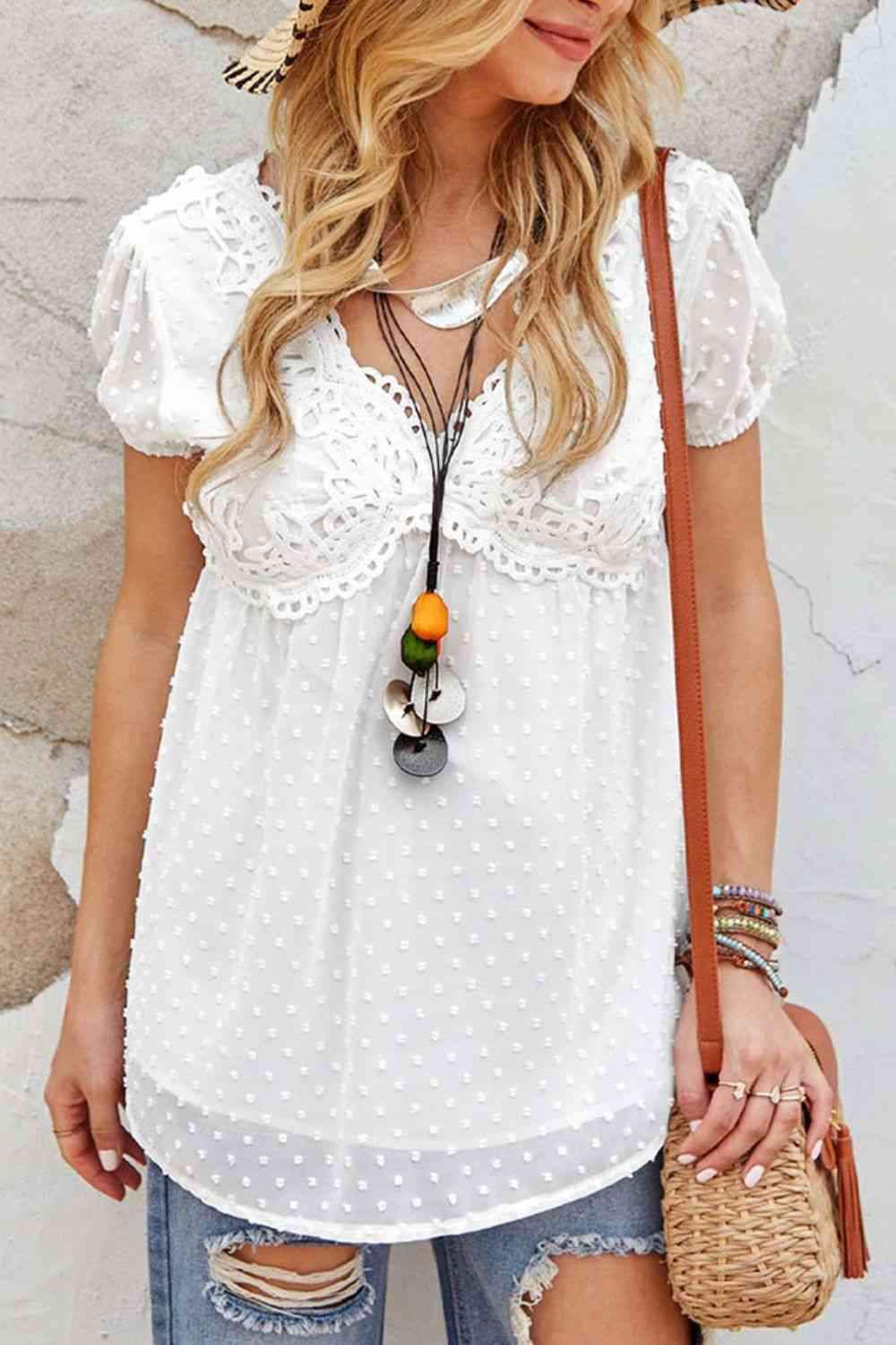 Swiss Dot Lace Trim Puff Sleeve Blouse White Blouses - Tophatter Daily Deals