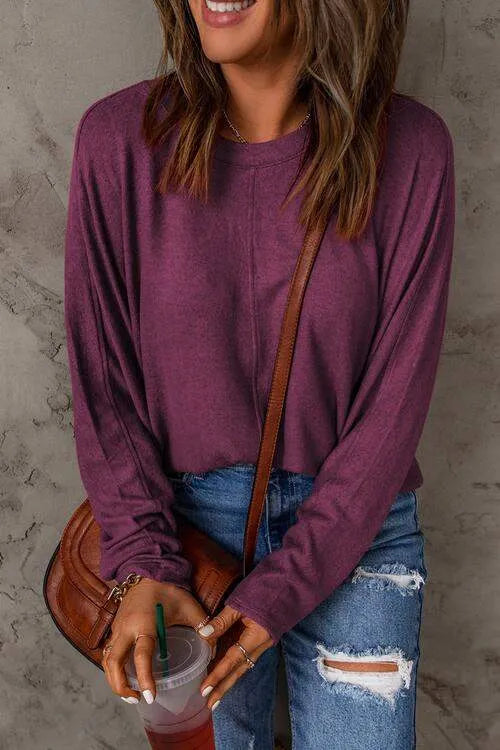 Seam Detail Round Neck Long Sleeve Top Women's T-Shirts - Tophatter Daily Deals