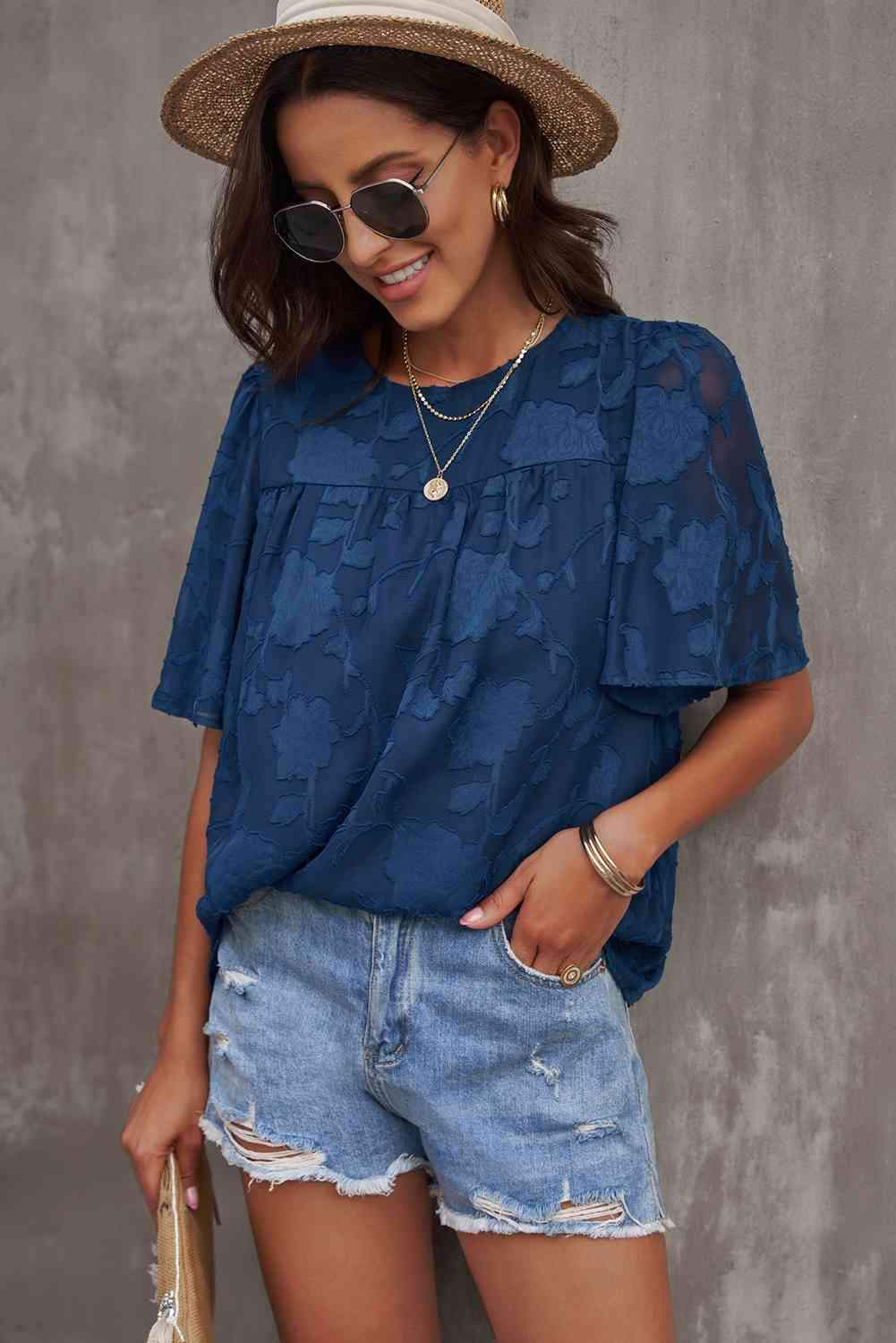 Round Neck Puff Sleeve Blouse Blouses - Tophatter Daily Deals