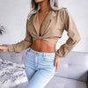 Knot Detail Collared Cropped Top Blouses - Tophatter Daily Deals