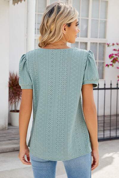 Eyelet Puff Sleeve T-Shirt Women's T-Shirts - Tophatter Daily Deals