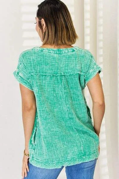 Zenana Washed Raw Hem Short Sleeve Blouse with Pockets Blouses - Tophatter Daily Deals