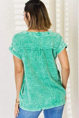 Zenana Washed Raw Hem Short Sleeve Blouse with Pockets Blouses - Tophatter Daily Deals