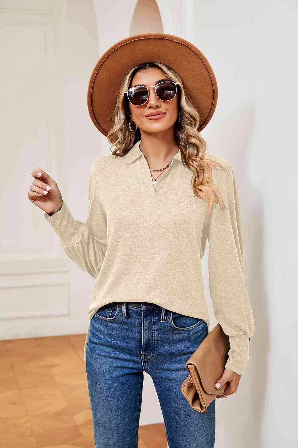 Johnny Collar Long Sleeve Top Blouses - Tophatter Daily Deals