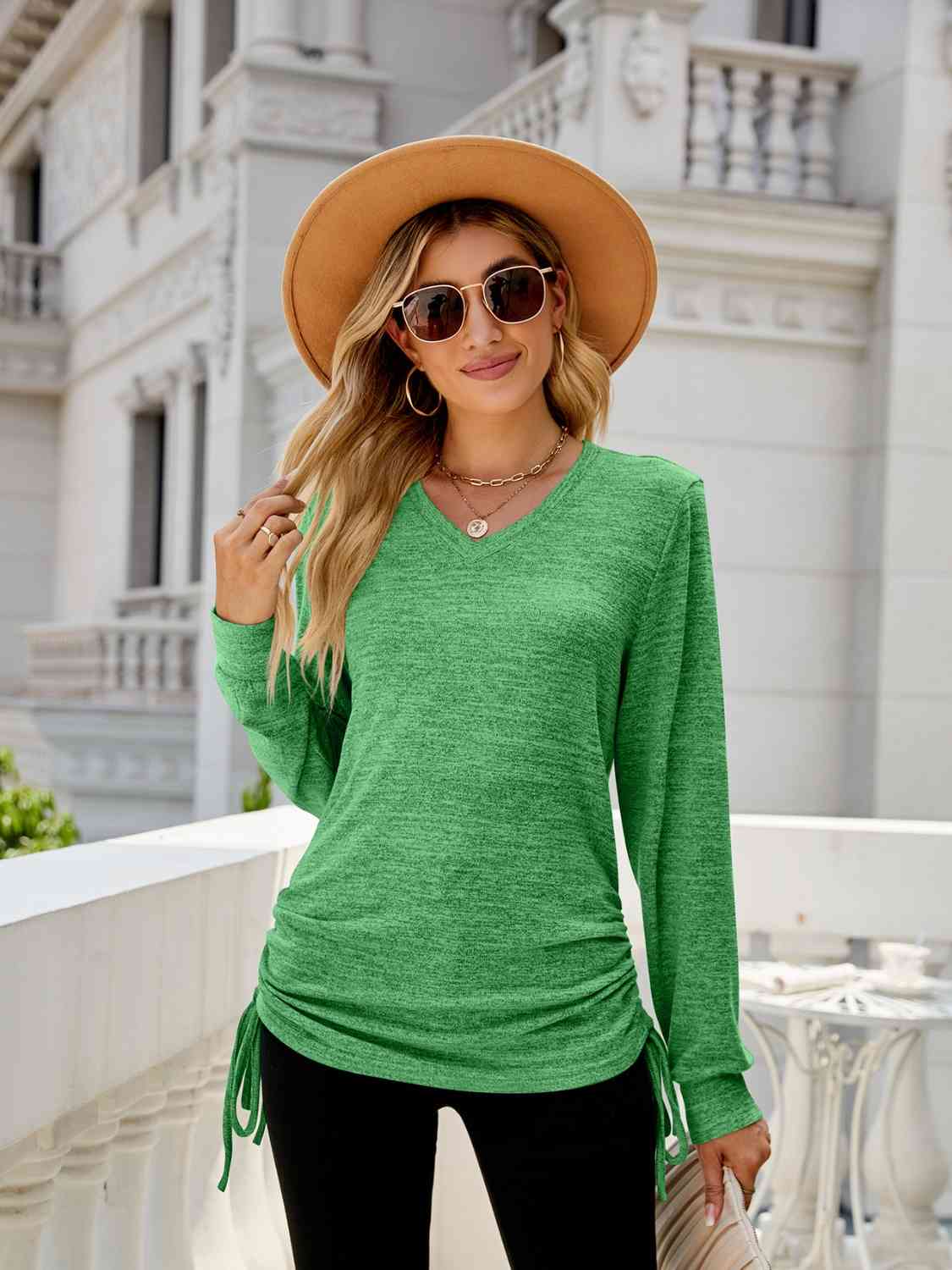 Drawstring V-Neck Long Sleeve T-Shirt Women's T-Shirts - Tophatter Daily Deals