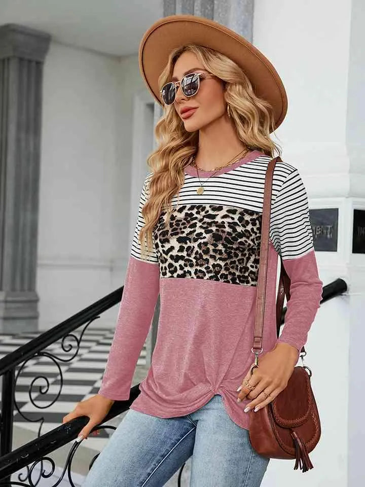Color Block Round Neck Long Sleeve Blouse Blouses - Tophatter Daily Deals