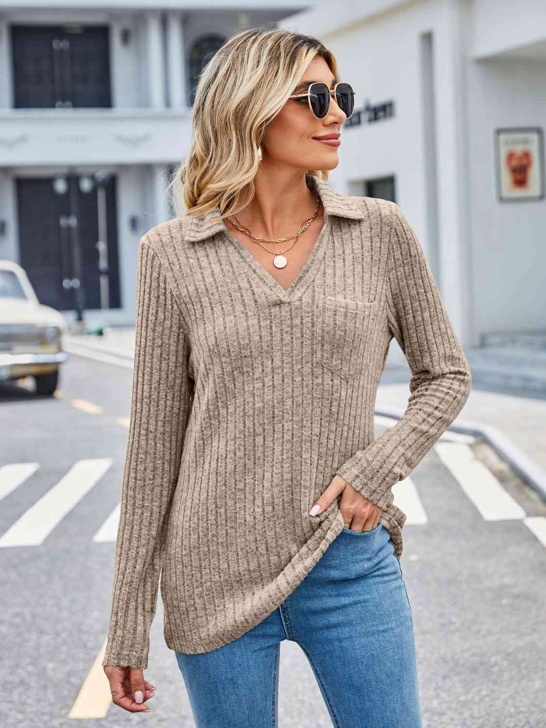 Ribbed Notched Long Sleeve T-Shirt with Pocket Cream Women's T-Shirts - Tophatter Daily Deals