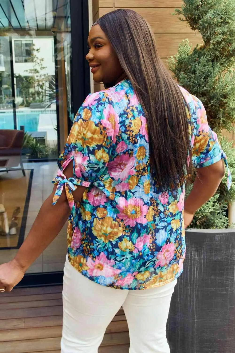 Petal Dew Full Size Floral V-Neck Tie Detail Blouse Blouses - Tophatter Daily Deals